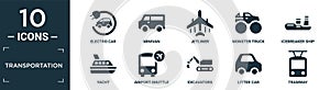 filled transportation icon set. contain flat electro car, minivan, jetliner, monster truck, icebreaker ship, yacht, airport