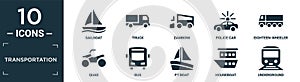 filled transportation icon set. contain flat sailboat, truck, zamboni, police car, eighteen-wheeler, quad, bus, pt boat, houseboat