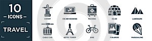 filled travel icon set. contain flat christ, online booking, packing, igloo, landmark, cable car, eiffel tower, bike, polaroid,