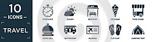 filled travel icon set. contain flat stopclock, cloudy, bus stop, icecream, food stand, hotel bell, motorhome, booking, flip flop