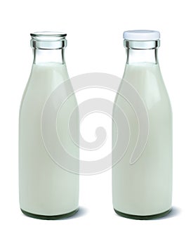 Filled unopened and opened milk bottle photo