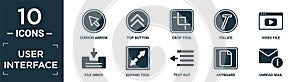 filled user interface icon set. contain flat cursor arrow, top button, crop tool, italics, video file, file inbox, expand tool,