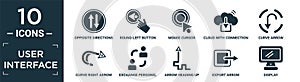 filled user interface icon set. contain flat opposite directions, round left button, mouse cursor, cloud with connection, curve photo