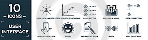 filled user interface icon set. contain flat user data analytics, data analytics ascending line chart, radio button, dollars in a