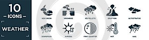 filled weather icon set. contain flat new moon, moonrise, ice pellets, eruption, altostratus, downpour, aurora, first quarter, hot