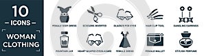 filled woman clothing icon set. contain flat female sexy dress, scissors inverted view, glasses for eyes, hair clip tool, dangling