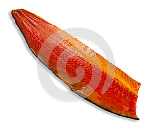 Fillet of Atlantic salmon fish. Smoked. White background. Isolated