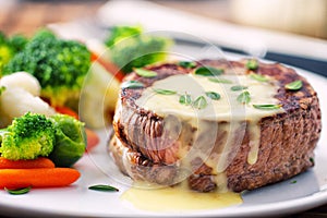 Fillet of beef with bearnaise sauce. High quality photo.