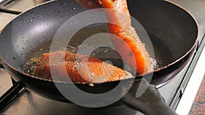 Fillet of fresh red fish with spices is laid out in a pan. Salmon fillet meat is fried in sunflower oil, close-up view