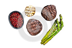 Fillet Mignon grilled Steak with asparagus, beef tenderloin meat. Isolated, white background.