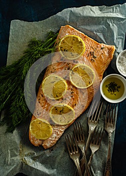 Fillet salmon fish Grill with lemon, thyme and dill. Top view