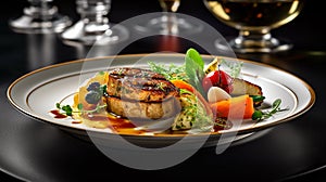 Fillet steak Rossini with dauphinois potatoes, sat on a crouton with foie gras on top, panache of vegetables served.Generative AI photo