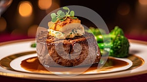 Fillet steak Rossini with dauphinois potatoes, sat on a crouton with foie gras on top, panache of vegetables served.Generative AI photo