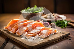 filleted smoked salmon with cedar planks in background