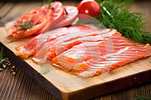 filleted smoked salmon with cedar planks in background