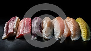 Fillets of various fish in a row, black background. Seafood assortment, menu. AI generated.