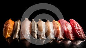 Fillets of various fish in a row, black background. Seafood assortment, menu. AI generated.