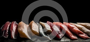 Fillets of various fish in a row, black background. Seafood assortment, menu. AI generated.