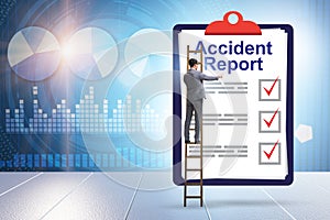 Filling in accident report in insurance concept