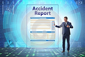 Filling in accident report in insurance concept