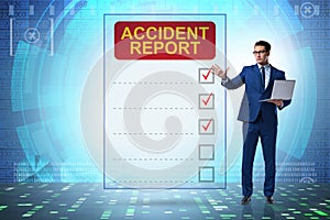 Filling in accident report in insurance concept