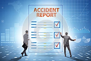 Filling in accident report in insurance concept