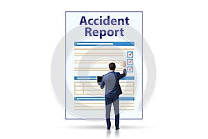 Filling in accident report in insurance concept