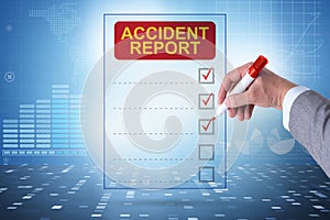 Filling in accident report in insurance concept