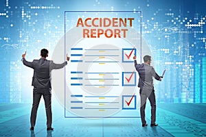 Filling in accident report in insurance concept