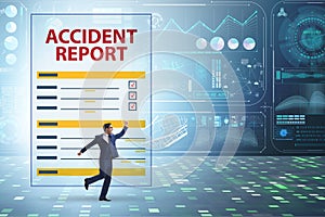 Filling in accident report in insurance concept