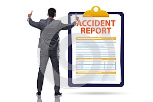 Filling in accident report in insurance concept