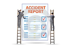 Filling in accident report in insurance concept