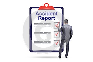 Filling in accident report in insurance concept