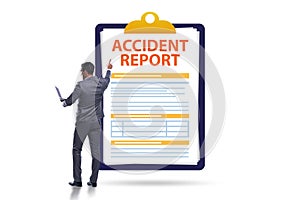 Filling in accident report in insurance concept