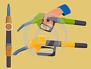 Filling gasoline station pistol in people hands refinery refueling petroleum tank service tool vector illustration