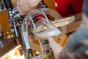 Filling glass with beer. Bartender hand at beer tap pouring draught beer in glass serving in restaurant or pub. Close-up