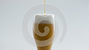 Filling glass golden beer in super slow motion close up. Lager drink pouring.