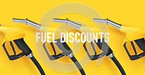 Filling gun. gas refueling nozzle 3d render, yellow gadgets in line for fuel discount campaign on bright yellow backdrop