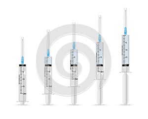 Filling injection syringe collection realistic vector set medical syringes empty and filled