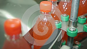 Filling lemonade in plastic bottles. Lemonade bottle label industry conveyor sticker PET packaging on the conveyor