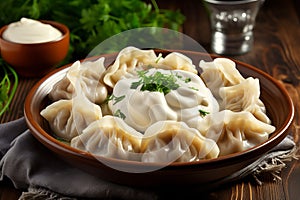 Filling Meat dumplings pelmeni bowl. Generate ai