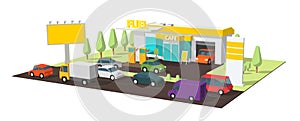 Filling station. Refilling fuel, motorway road shop, repair service. Petroleum gas station and cars. Petrol tank