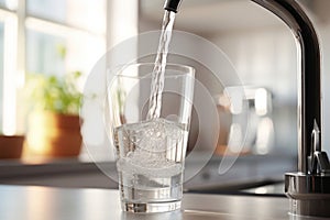 Filling up a glass with clean drinking water from kitchen faucet. Safe to drink tap water