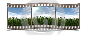 Film with 3 images of green grass and blue sky