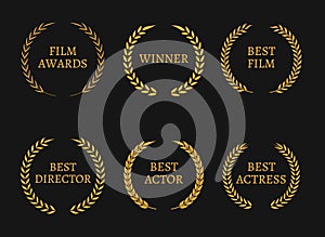 Film academy awards winners and best nominee gold wreaths on black background.