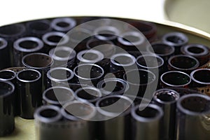 Film archive negatives in a round metal can