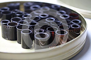 Film archive negatives in a round metal can