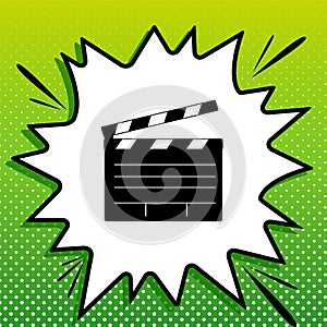 Film clap board cinema sign. Black Icon on white popart Splash at green background with white spots. Illustration