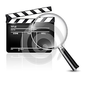 Film clap and magnifying glass - icon