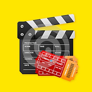 Film clapper board and cinema tickets. Movie clapper for cinema. Flat design style. Vector illustration.